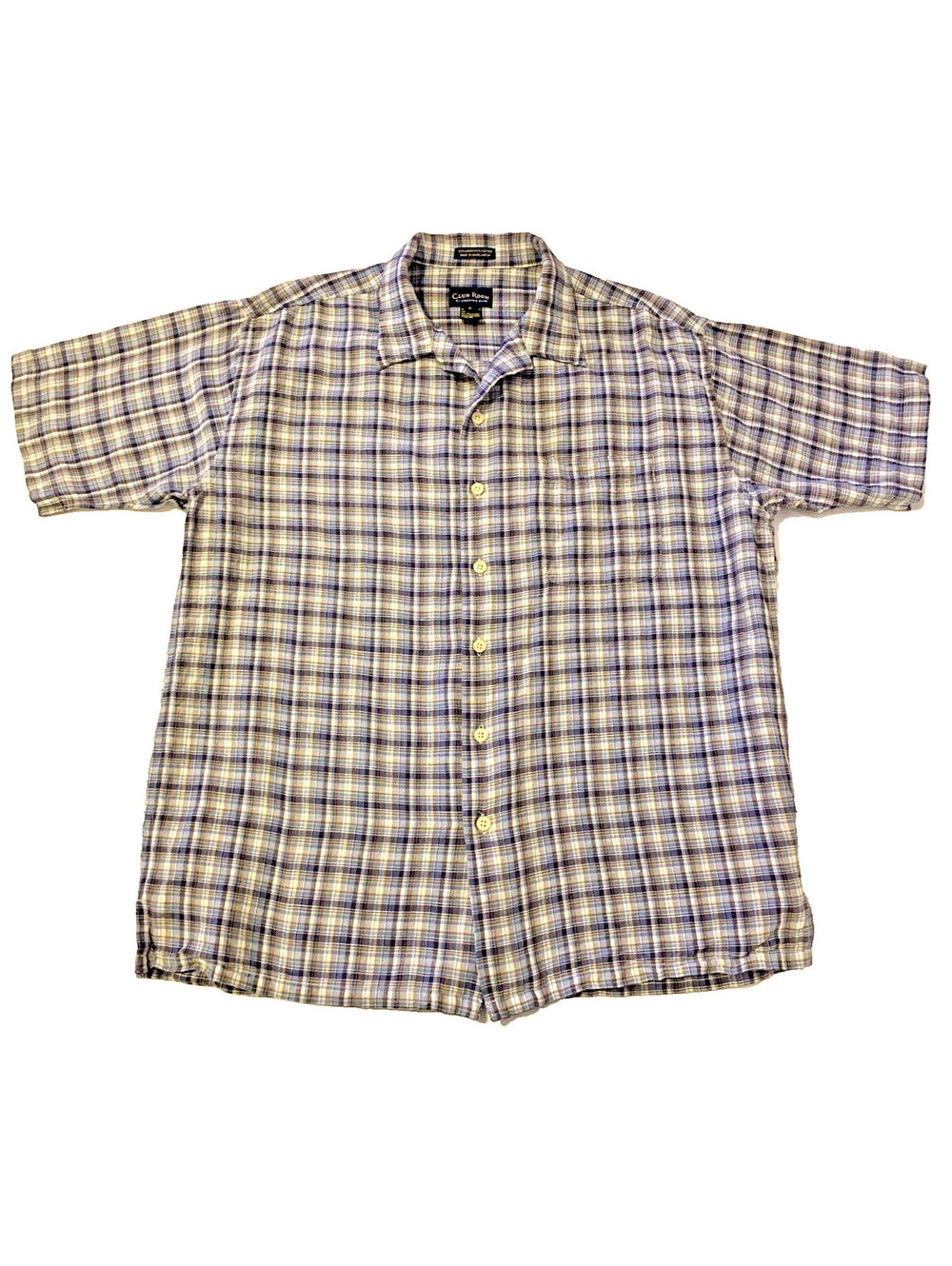 Club Room Charter Club Retro Linen Shirt Men L Blue Plaid Short Sleeve Button-Up
